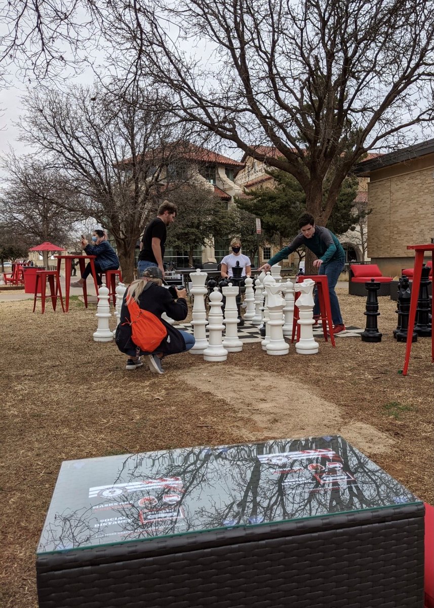 TTU_Chess's tweet photo. TTU has opened a new outdoor space for the students to enjoy. The space includes a giant chess set and a few outdoor games. A few members of the TTU Chess Team took advantage of the opportunity to play chess outside this afternoon. https://t.co/XebnSX0zDr