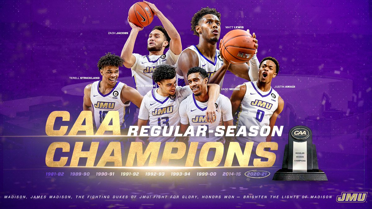 JMU Men's Basketball (@jmumbasketball) on Twitter photo 🏆 🏆 🏆
For the first time since 2014-15, the Dukes are your <a href="/CAABasketball/">CAA Basketball</a> Regular-Season Champions!
#GoDukes 🏆 🏆 🏆
For the first time since 2014-15, the Dukes are your <a href="/CAABasketball/">CAA Basketball</a> Regular-Season Champions!
#GoDukes