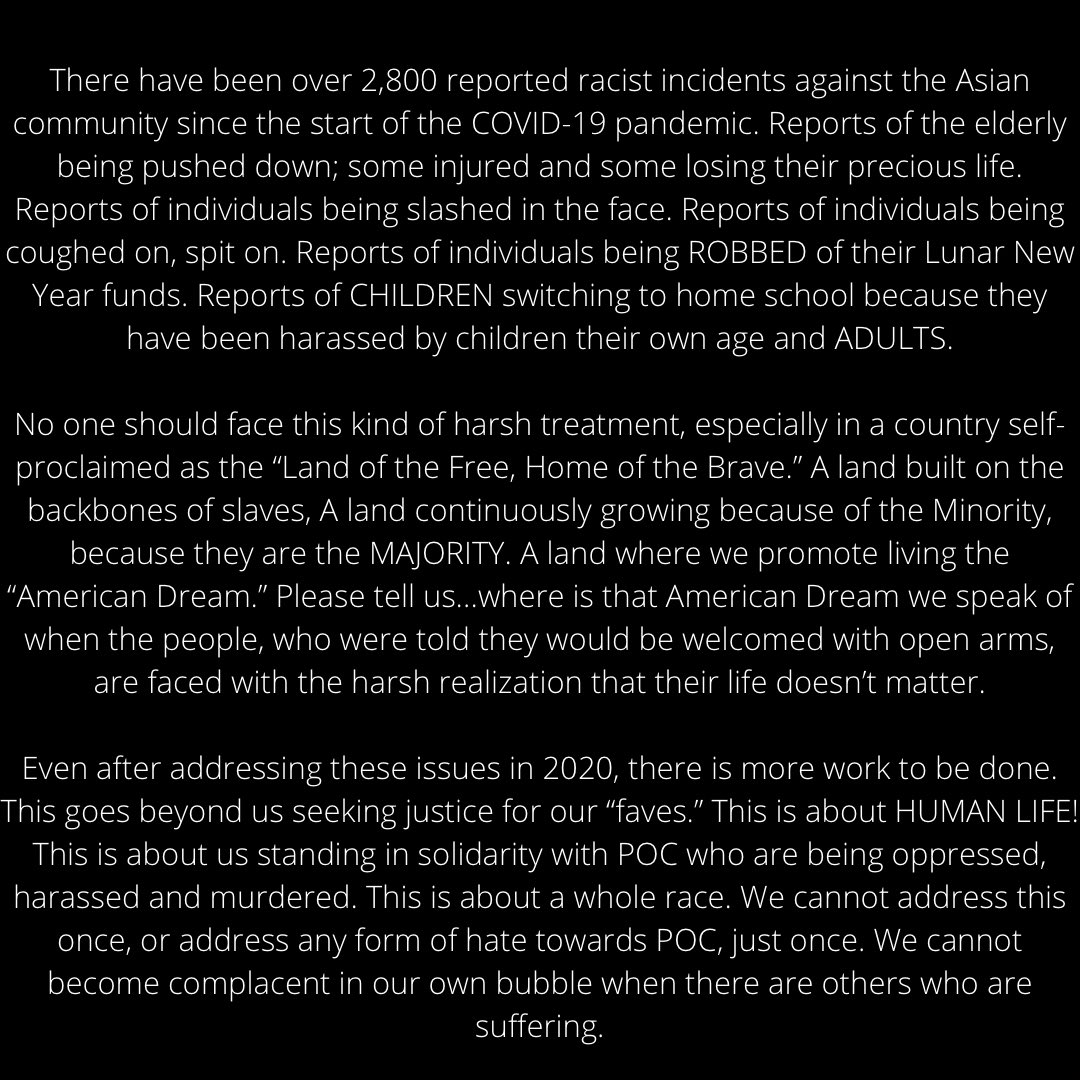 kpopforpeace's tweet photo. A Message From The K-Pop For Peace Team.

#dosomethingbiggeraltogether #hateisavirus #asianawareness 
#nojusticenopeace #thek4pmovement #iseeyou #ihearyou #kpopfansforchange #AsiansAreHuman #RacismlsNotAnOpinion #RacismIsNotTolerated https://t.co/1NVx9hC1VA