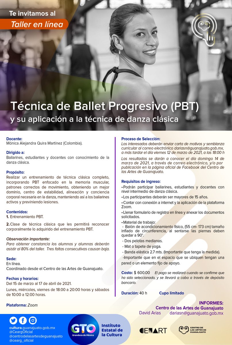 CeargOficial's tweet photo. Técnica de Ballet Progresivo y su aplicación a la técnica de la danza clásica #PBT
En este #TallerEnLínea podrás realizar un entrenamiento de técnica clásica completo, incorporando PBT con enfoque en la memoria muscular.
Docente: Monica Alejandra Quira Martínez.
#CEARG https://t.co/Hdg1oh1bI0