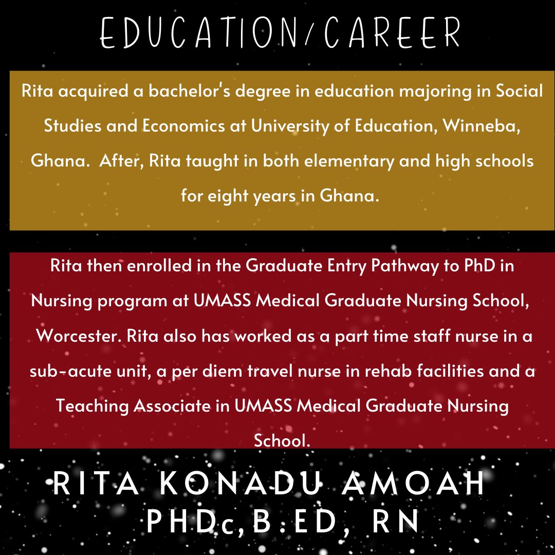 nursingfsu's tweet image. Meet Rita Konadu Amoah, PhDc, B.Ed, RN, one of our amazing teaching assistants! ✨🌟Rita helps out with nursing research courses that are under the leadership of Dr. Fisher! 📚Rita is preparing to finish her PhD in 2021! @FraminghamU