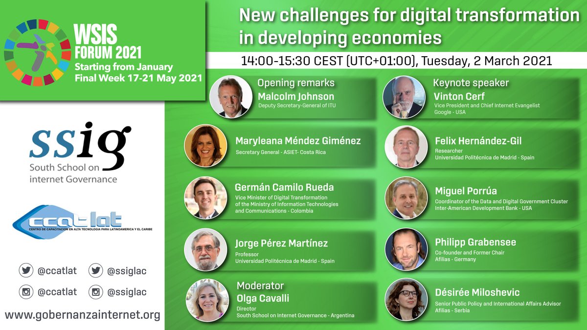 Join us! March 2, 13 hs UTC - WSIS 2021 Forum workshop 'New challenges for digital transformation in developing economies' with ITU DSG Malcom Johnson, keynote Vint Cerf, Vicepresident and Chief Internet Evangelist at Google and other experts
Register: lnkd.in/gNgH5tE