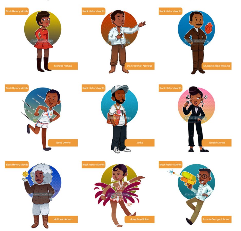ConnieBeckham's tweet photo. Hi #drawingwhileblack!

I love drawing colorful, cartoony stuff. I recently finished my #BlackHistoryMonth project, check it out! 

✨Portfolio: https://t.co/WuxnPqT5GX
✨Etsy: https://t.co/cs44gsSwhi
✨Instagram: https://t.co/zk9htCL0dP
✨Twitch: https://t.co/MCLV1W9IdY https://t.co/YfsFnasu8I