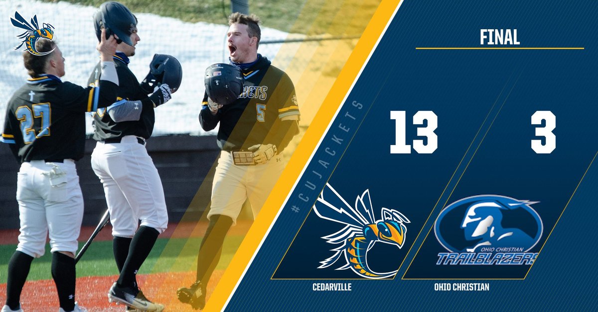 CUJackets's tweet photo. BSB Final - @CUJacketsBase posts big 13-3 Opening Day victory over Ohio Christian at @AIAusa in Xenia, Ohio. Brendan Toungate HR, 2RBI; @atb9sb 3-5, HR, 3RBI; @payteeles 3-4, 2RBI, 3R. UP NEXT: #CUJackets (1-0) vs Ohio Christian, Sat., Feb. 27 - 1 PM at AIA. 
#BackTheJackets https://t.co/ocHUh6ySIQ
