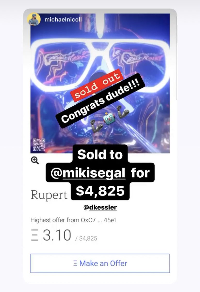 dustykessler's tweet photo. We just sold young RUPERT for over 3ETH !!!! wow thank you to my gang @_MADGALLERY_ @BlnkSocial @KnownOrigin_io https://t.co/xzQnSJ4Xtf