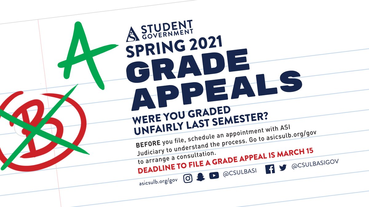 Were you graded unfairly last semester?😔 File for grade appeals!📁 Prior to applying, we recommend you schedule an appointment with ASI Judiciary to understand the process.

The deadline to file is 🗓️ March 15.

For more info🔗 bitly.com/2KDlQeb