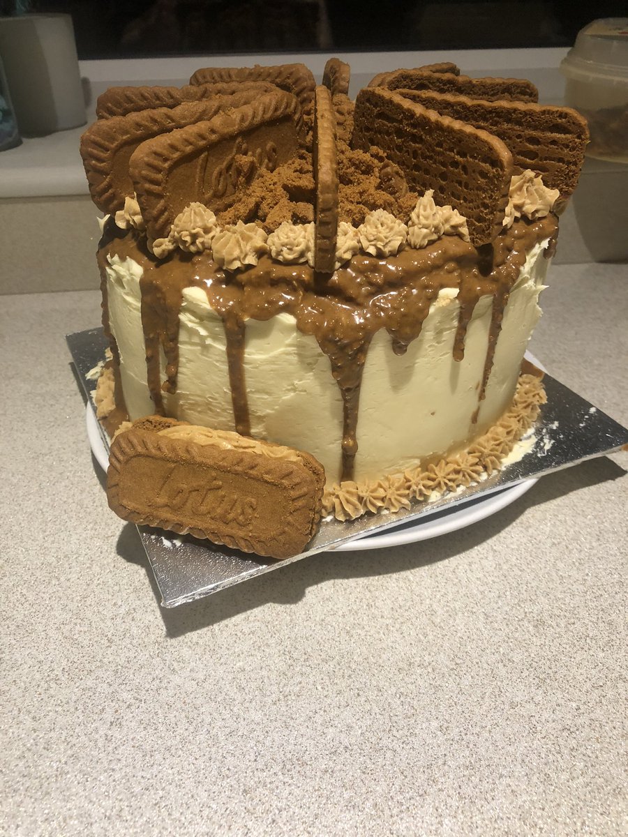 Giftednewt's tweet photo. I forgot how much I enjoy baking. Hope my wife likes her Lotus Biscoff drip birthday cake https://t.co/ovdH1N70Ad