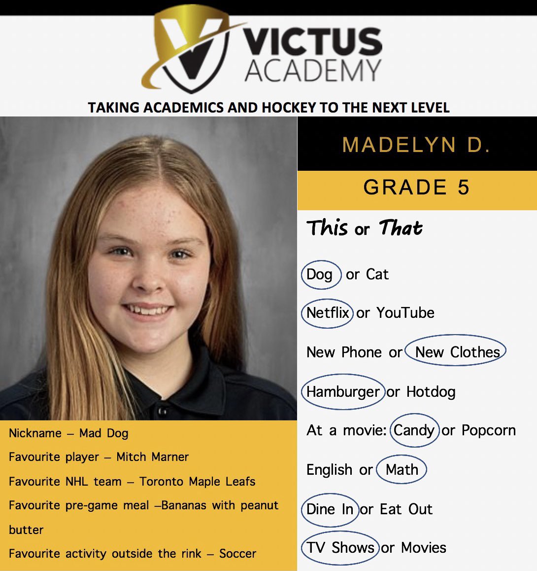 STUDENT-ATHLETE OF THE WEEK: This week we feature Grade 5 student Madelyn D. as our first Student-Athlete of the Week! She currently plays for the Waterloo Ravens U11 AA team and one goal she is working towards is trying to become faster and lighter on her feet. #StudentAthlete