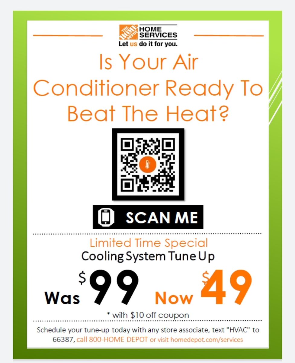 TeamARMS_HVAC's tweet photo. Are you prepared to beat the heat? Now's a great time to schedule your pre-season tune-up! Come on down to your local Home Depot or scan the bar code below to get started! Priced at only $49 through Sunday, 02/28 !
#HomeDepot #TeamARMS #HVACisBACK2021 https://t.co/cEqoWVzl34