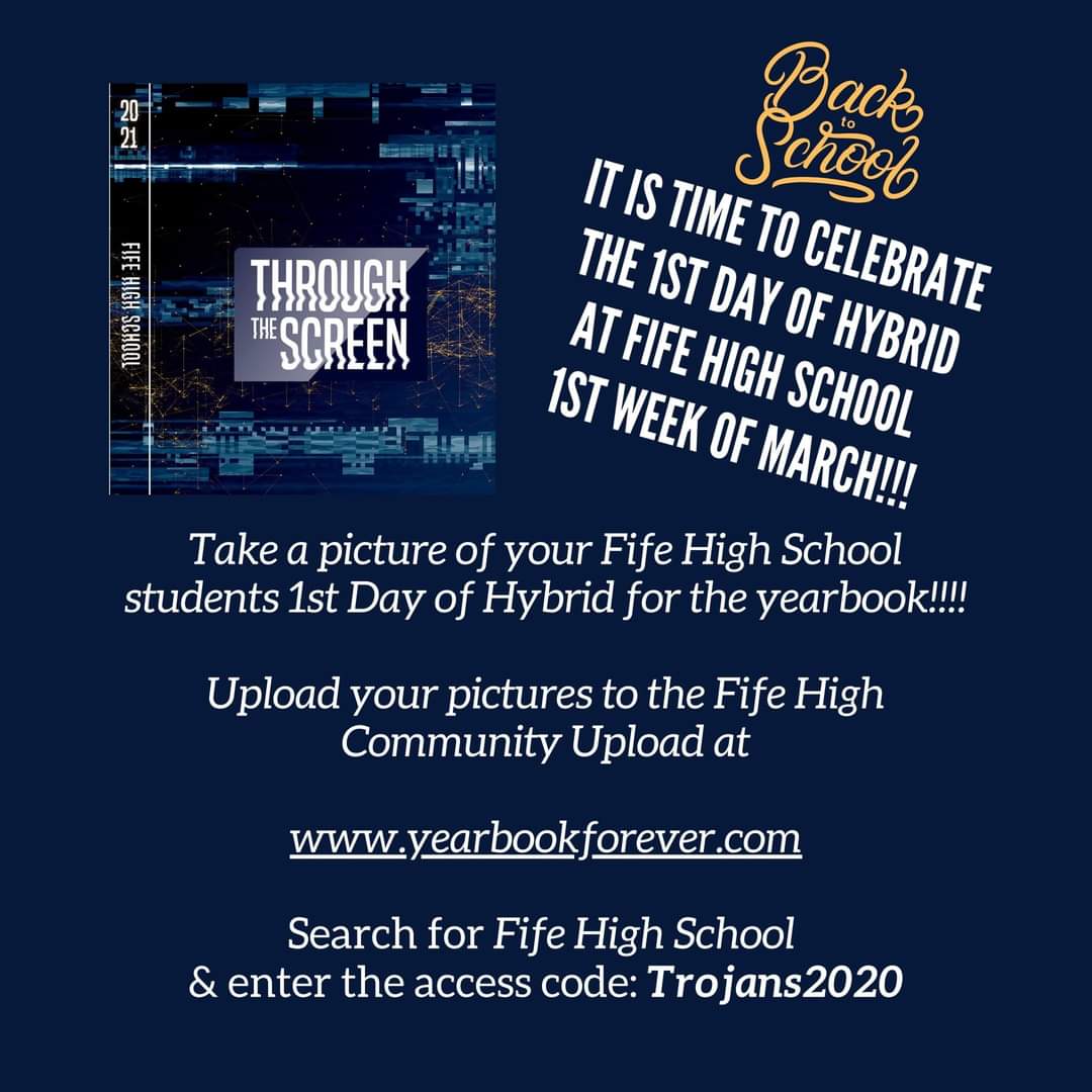 YearbookTrojan's tweet photo. Fife High Trojan Yearbook needs your help!!! Next week is the first week back to school for Fife High!! We would like to capture this moment of history. Take a picture &amp; go to Community Upload at https://t.co/qcUh7hB92I search for Fife High &amp; enter the access code: Trojans2020 https://t.co/4bF6w3CcC6