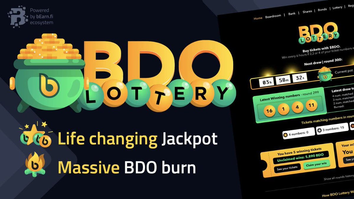 bLOTTERY is finally LIVE!

Use your BDO and purchase tickets now and win life changing prizes! 🥳bdollar.fi/lottery

•Every 6 hours; if 2, 3 or 4 of your ticket numbers match, you will win a prize!🤩
•No limit of entry, 1 BDO per ticket
•20 % BDO in the pot will be burned
