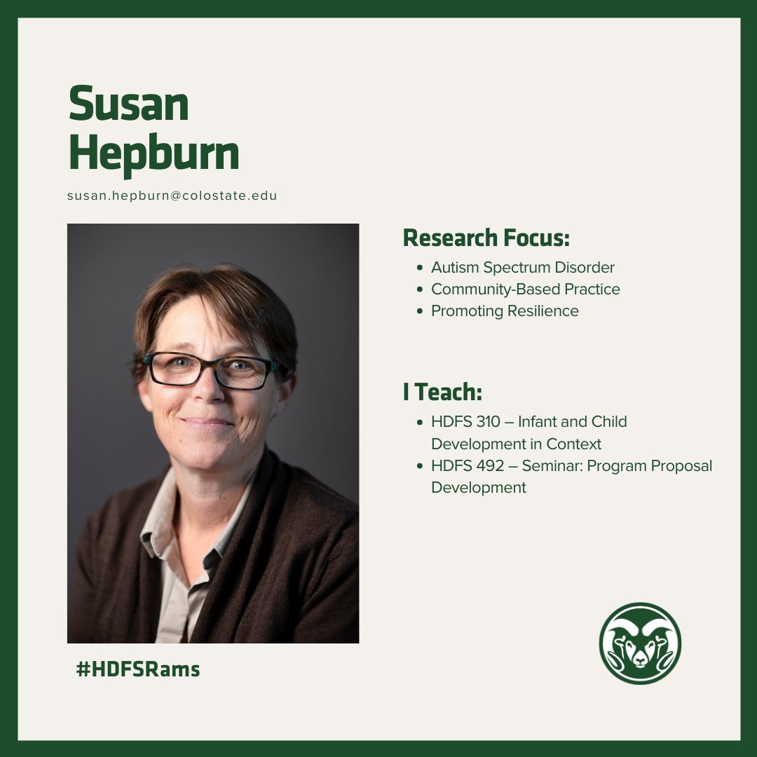 hdfscsu's tweet photo. Faculty Friday! 

This week we are highlighting Professor Susan Hepburn. Her research focus is within the Autism Spectrum disorder, Community-based practice, and promoting resilience. 

#HDFSFaculty #CHHSRams #ColoradoStateUniversity https://t.co/VYv4QUtqhZ