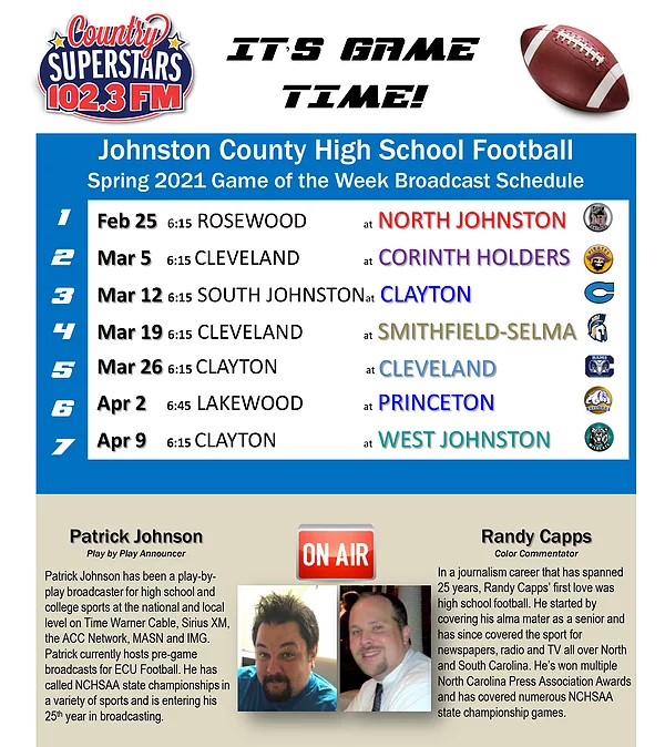 Listen to the JCPS High School Football Game of the Week on Country Superstars 102.3 FM! <a href="/WJWildcatSports/">WJ Athletics 🐾</a> <a href="/cvhsftbl/">Cleveland Football</a> <a href="/ClaytonCometsAD/">Clayton High School Athletics</a> <a href="/CHPirateSports/">Corinth Holders Athletics</a> <a href="/NJHS_Panthers/">North Johnston High</a> <a href="/athletics_sss/">Smithfield-Selma Spartan Athletics</a> <a href="/PrincetonHSNC/">Princeton High</a>  <a href="/SJHSTrojans/">SJHS Trojans</a> <a href="/CountrySS1023/">Country Superstars</a>