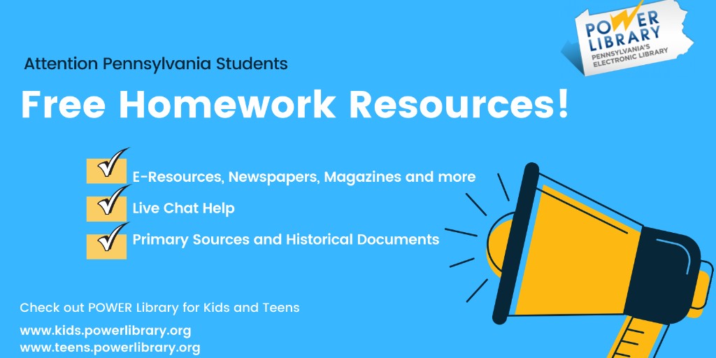 Free and reliable #homework help from #POWERLibrary.  Everything you need in one convenient place! #paonlinelearning #ereources #chatpa #pahistory ow.ly/39V950D7PQf