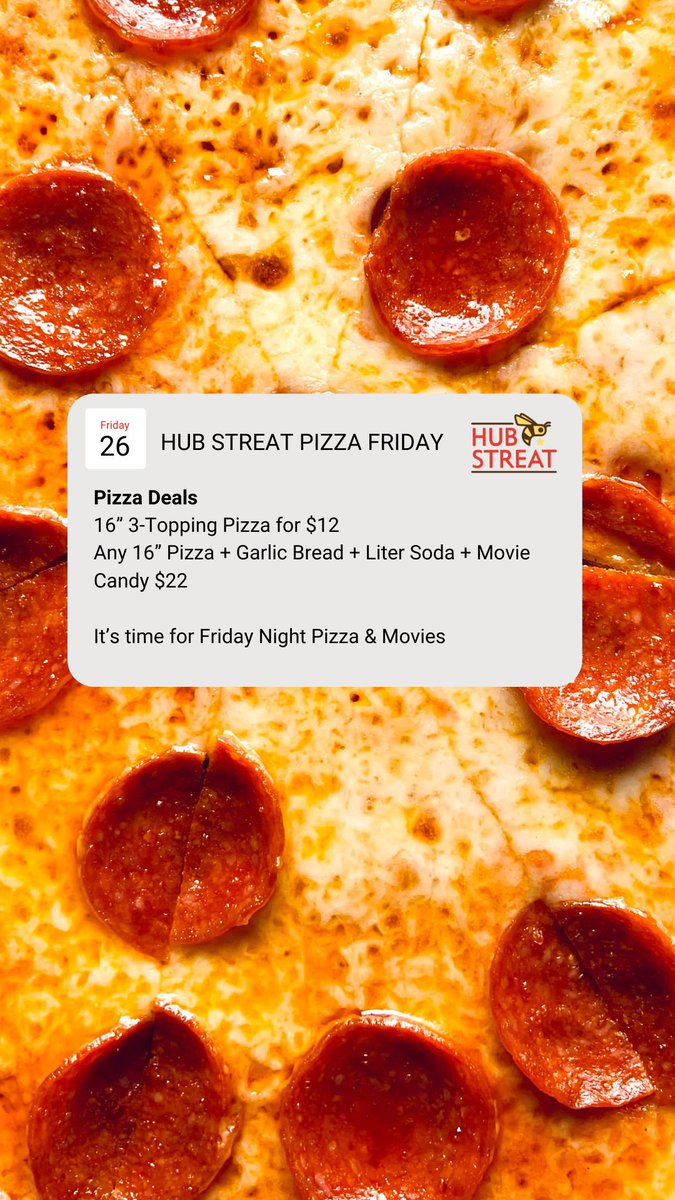Pizza Fridays @ Hub Streat! Call: 469-969-6423 or order via our website for takeout - this offer is also valid for dine in! 🍫🍕 #pizzanight #downtownplano #planotx #dfw