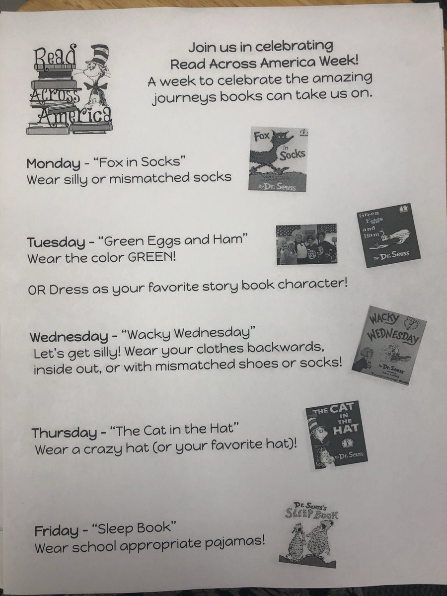 1stGradeThomas's tweet photo. The week of March 1st we will be having a Suess-tastic week! Each day we will be focusing on a different Dr.Seuss book. We will be doing different literary activities that revolve around the theme of that day.  See the attached flyer for each dress-up day!  #ReadAcrossAmerica https://t.co/fQF7J5H8Ji