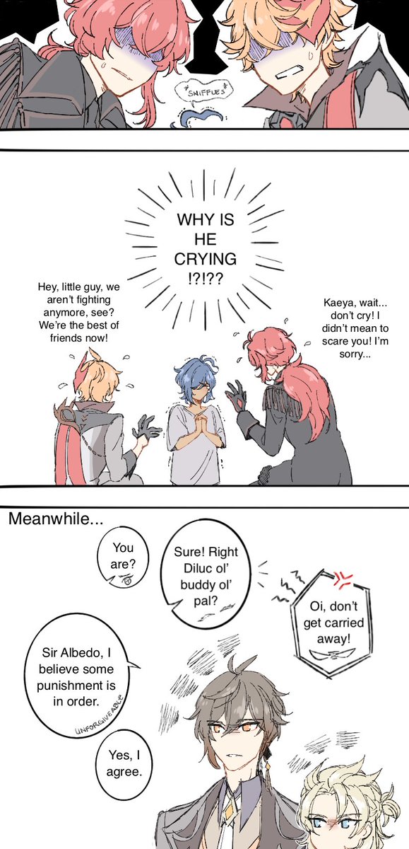 Kaeya, the big brothers and a grandpa. Part 2 
In which the two redheads are actually terrible at handling a confused child.
#GenshinImpact 