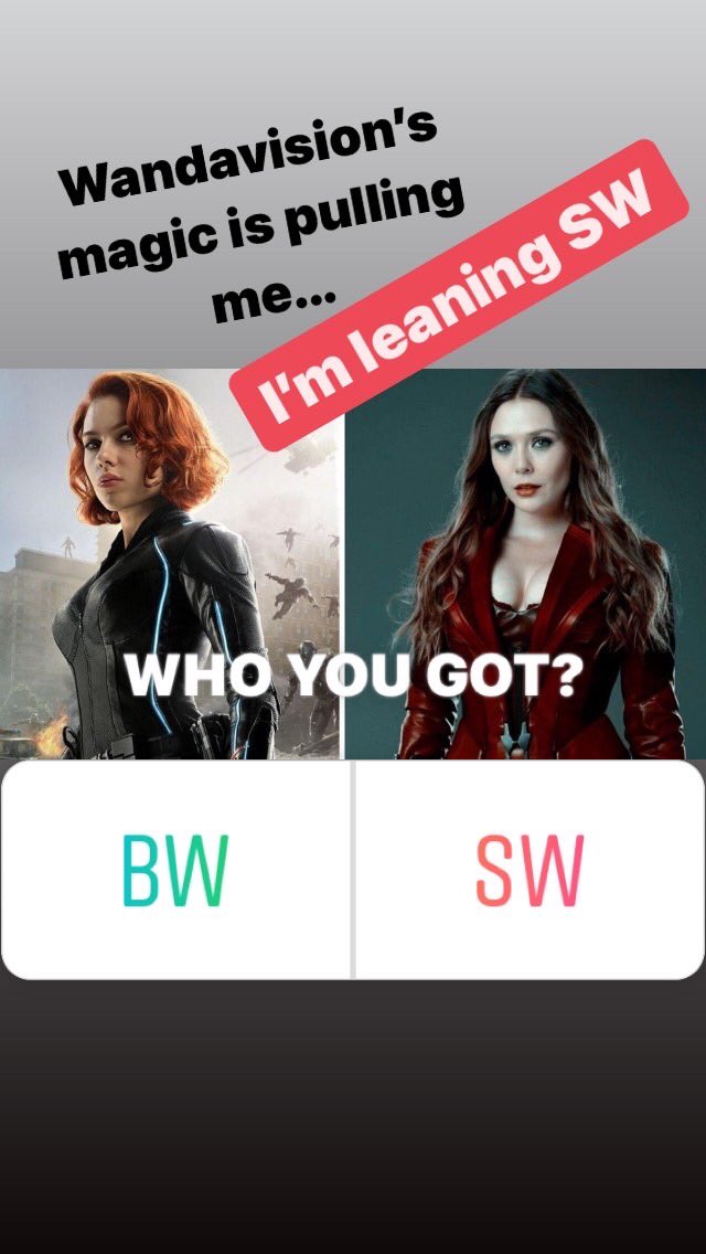 timmybits's tweet image. WHO YOU GOT!? #wandavision magic is pulling me!  I’m now leaning #ScarletWitch...
@Marvel #mcu #marvel #poll #BlackWidow
