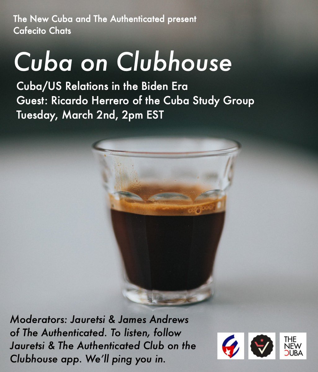 Jauretsi 🇨🇺✌🏼🇺🇸 (@jauretsi) on Twitter photo It’s time for Cafecito chats on Clubhouse, our weekly convos on the audio-only app, talking all things culture in Cuba. Our first guest is Ricardo Herrero <a href="/ric23/">Ricardo Herrero</a> bringing us up to speed on US/Cuba relations in the Biden era. Directions on how to listen in👇🏼 It’s time for Cafecito chats on Clubhouse, our weekly convos on the audio-only app, talking all things culture in Cuba. Our first guest is Ricardo Herrero <a href="/ric23/">Ricardo Herrero</a> bringing us up to speed on US/Cuba relations in the Biden era. Directions on how to listen in👇🏼