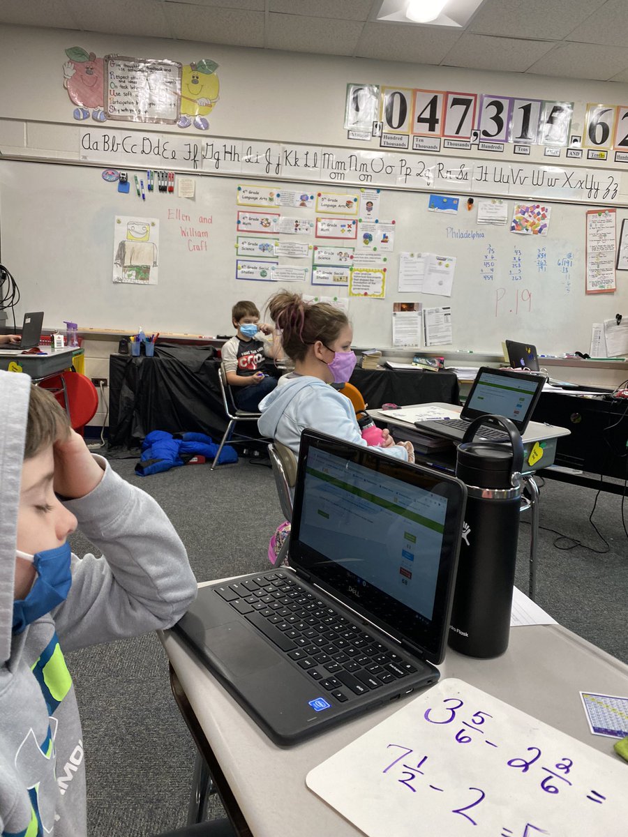 Gaines5thGrade's tweet image. #BennettRocks #ChathamDigitalLearning 4th grade learning to convert mixed and improper fractions, and adding and subtracting fractions.