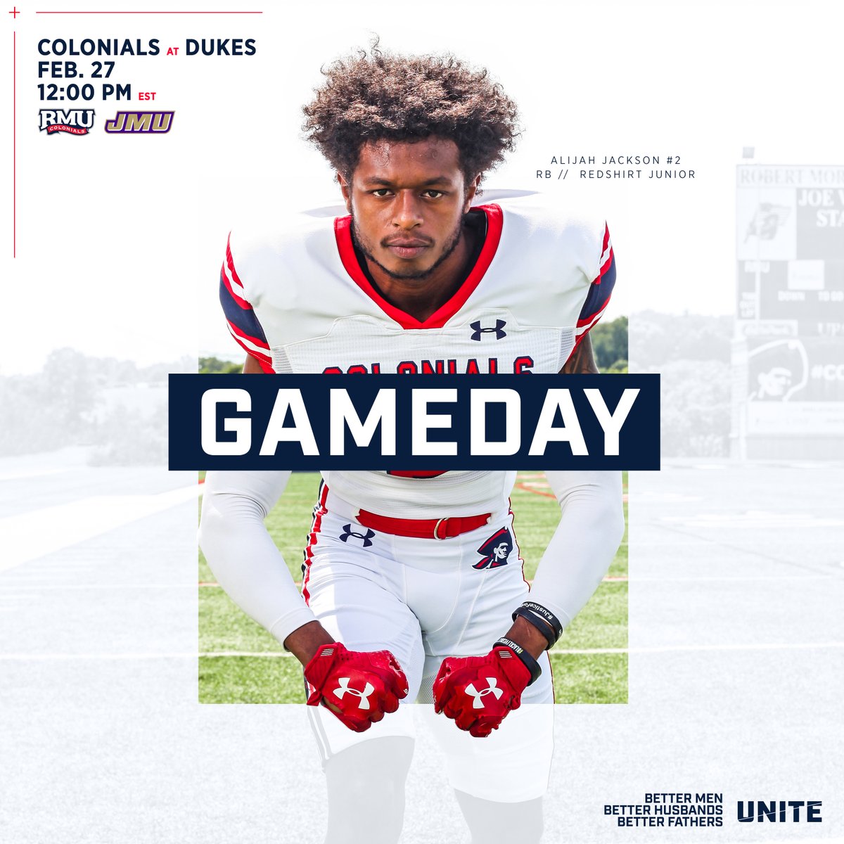 RMUAthletics's tweet image. LET&apos;S GO‼️

🆚: No. 2 James Madison
📌: Harrisonburg, Va.
🏟️: Bridgeforth Stadium
⌚: Noon
📺: FloSports ($)
🔗: bit.ly/3sxLZeM
📻: bit.ly/2JvRn1b
📊: bit.ly/3q0yr9V
📱: rmu.app.link/launch

#RMUnite | 🔵🏈🔴