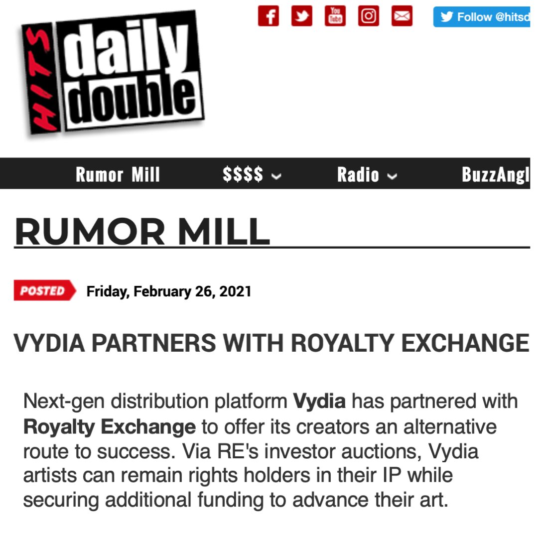 @HITSDD Vydia x @royalty_exchange! look forward to helping more artists stay independent with this alternative way of sourcing advances  💯 #PoweredbyVydia