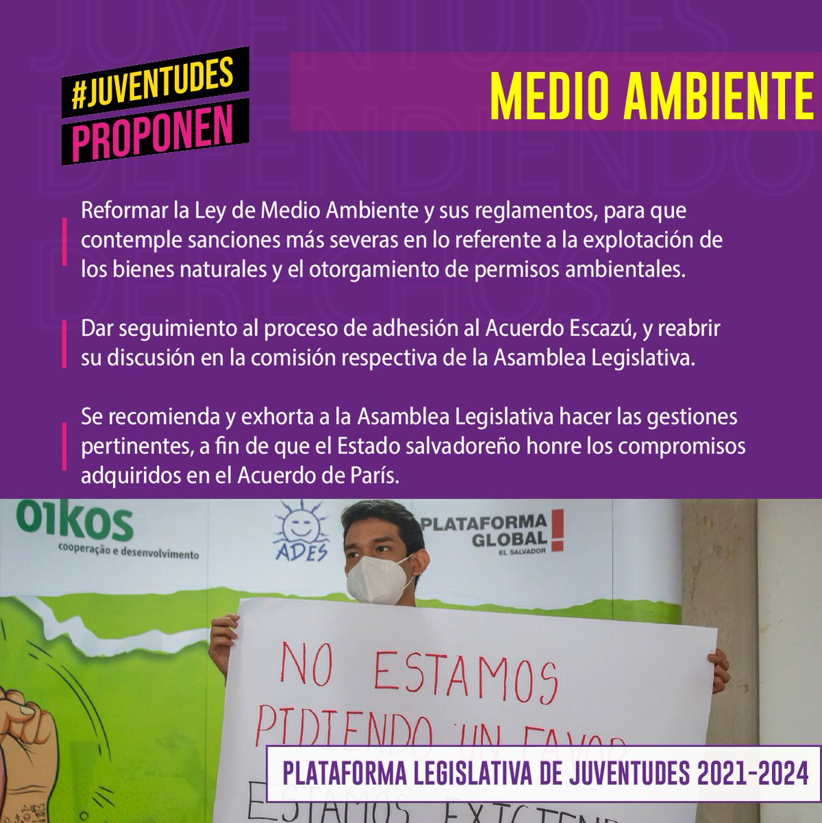 #JuventudesProponen|| 🧏♀️🧏 
Reformar la ley de Medio ambiente y sus reglamentos para que contemple sanciones mas severas en lo referente a la explotacion de los bienes naturales y el otorgamiento a permisos ambientales.