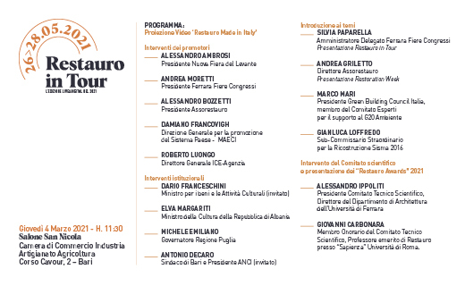 salonerestauro's tweet image. Giovedì 4 marzo RESTAURO IN TOUR e @RestorationWeek  verranno presentati al pubblico con una conferenza stampa trasmessa in diretta streaming dal Salone S. Nicola della CIAA di Bari.
Dai uno sguardo al programma e segui la diretta alle 11:30 &amp;gt; bit.ly/2ZYDBZb