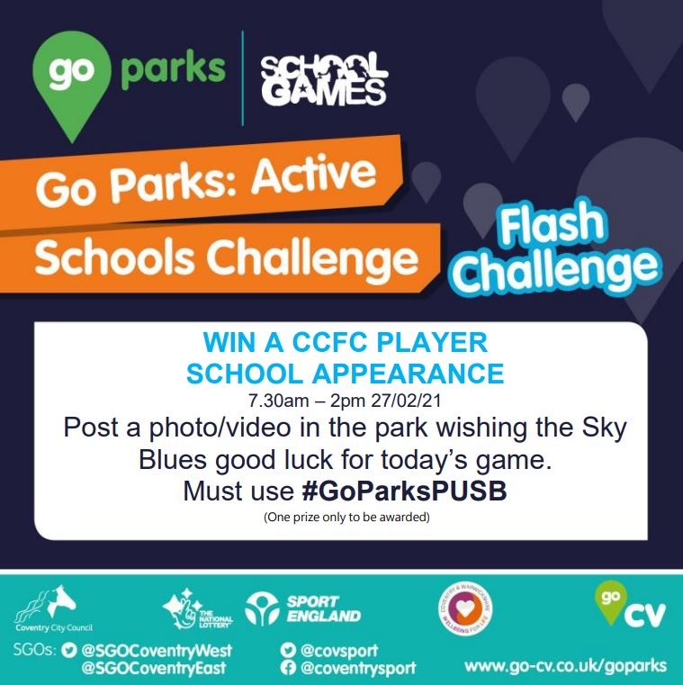 WIN with Go Parks and <a href="/Coventry_City/">Coventry City</a>⚽🌳  

Between 7.30am-2pm, post a selfie/video from your local park with a good luck message for today's game.  

Win a CCFC player appearance at your Coventry school! 

MUST include #GoParksPUSB 

Winner selected at random.  

<a href="/SBitC_CCFC/">Sky Blues in the Community</a>