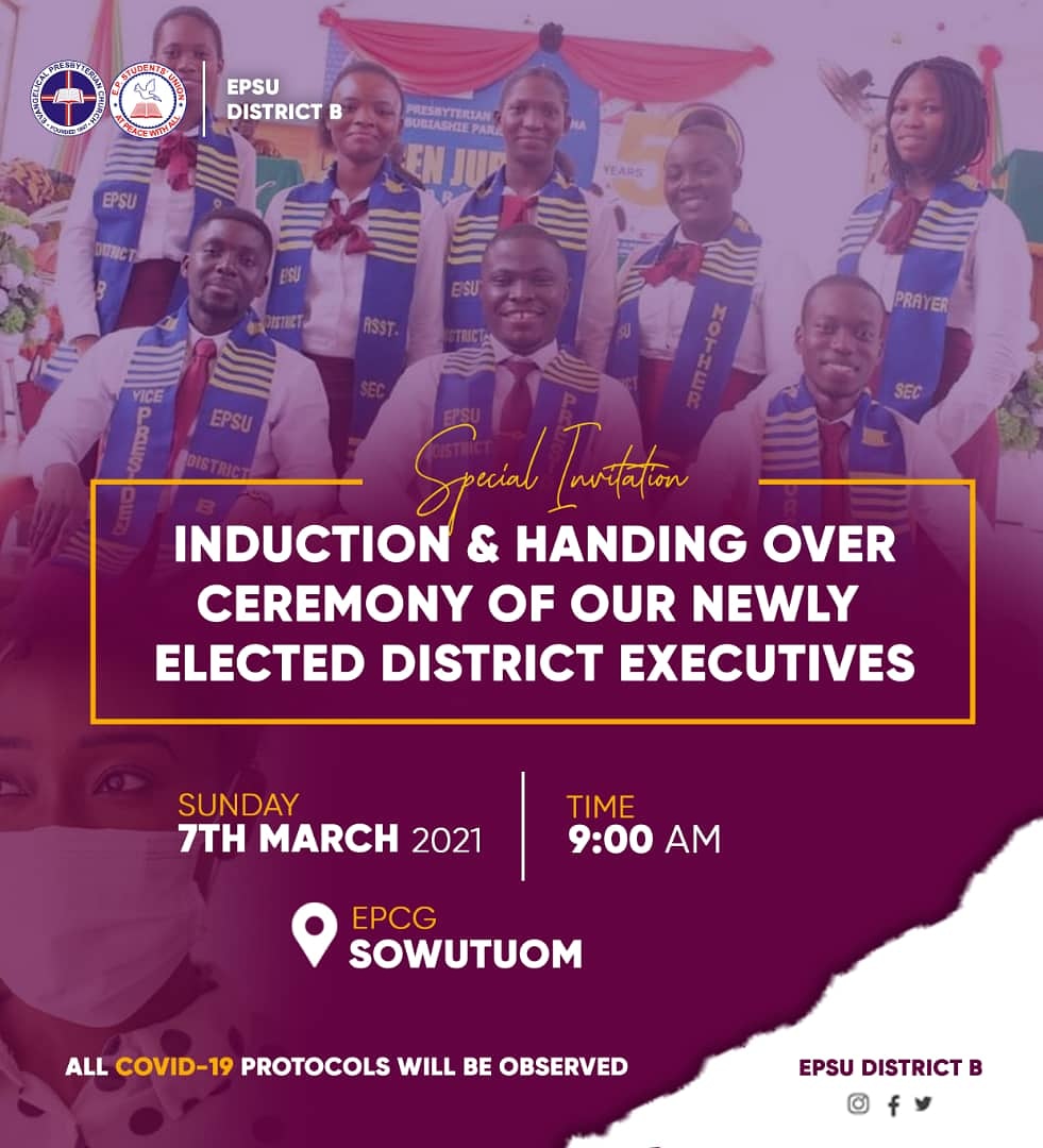 epsu_distb's tweet photo. 🐝EPSU WVP DISTRICT "B"🐝

We humbly wish to invite all and sundry to the inaugural ceremony of the newly elected executives for our cherished District "B" 

The details are as follows:

Date: Sunday, 7th March, 2021

Time: 9am

Venue: E.P.C.G Sowutuom

Dress Code: Wine &amp; White https://t.co/Avv1m0ScaW