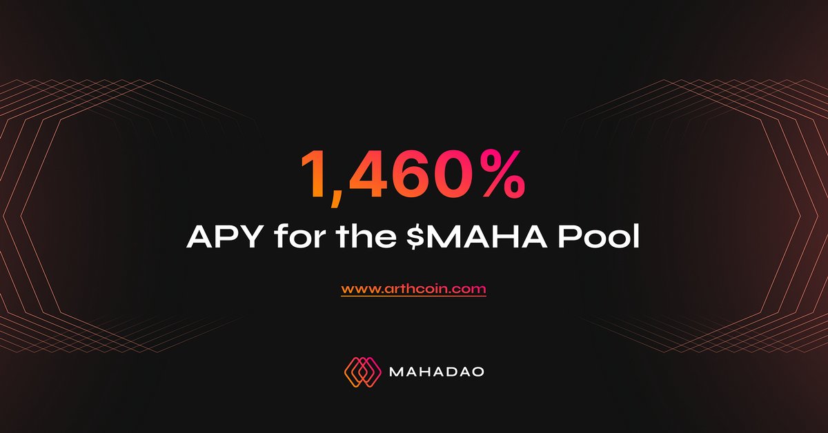 wagmie__'s tweet image. 1,460% 

APY for the $MAHA Pool in the current expansion 🔥 

Stake/Bond your MAHA tokens now: arthcoin.com/#/distribution