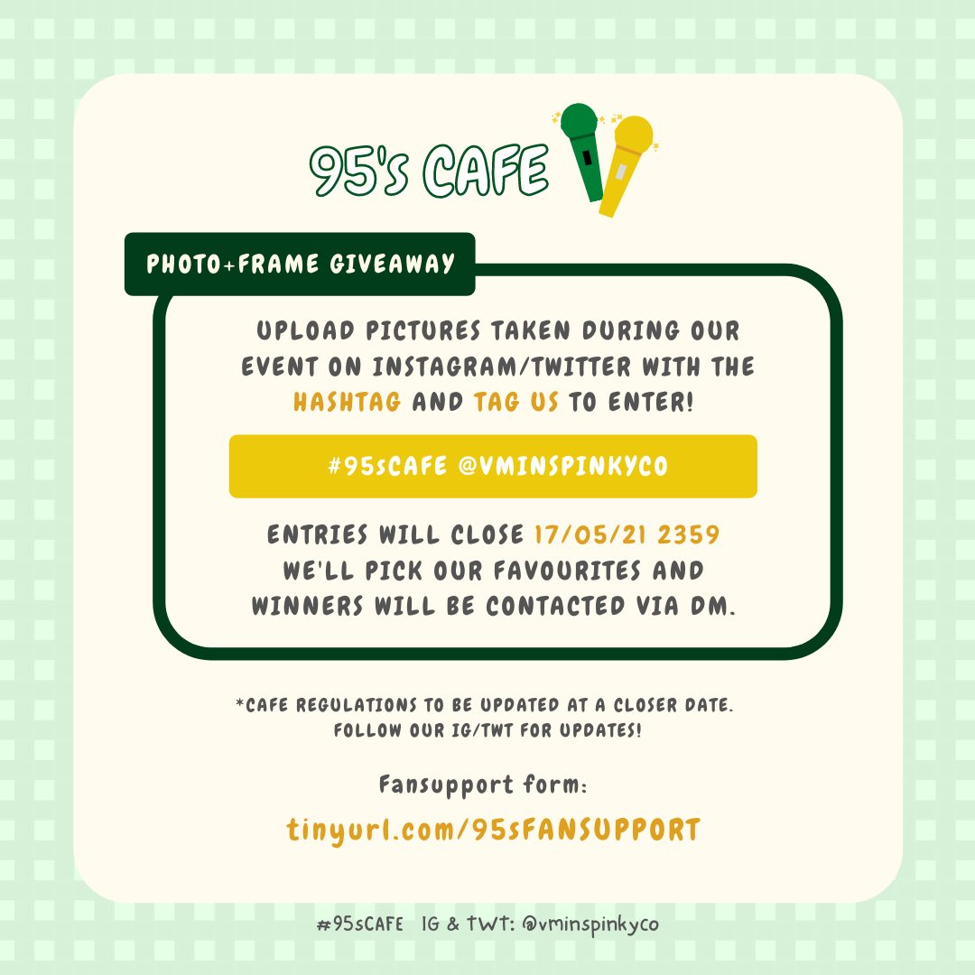 vminspinkyco's tweet photo. 🐯 95's CAFE 🐥
for BTS VMIN
🗓 15 &amp; 16 May 2021
🕙 11AM - 8PM
🥤 pluseighttwo 

Fanpack preorder: https://t.co/iPwdhgPWYY
Fansupport: https://t.co/FhmMMBjyTP

#95sCAFE https://t.co/geNTFzTTFC