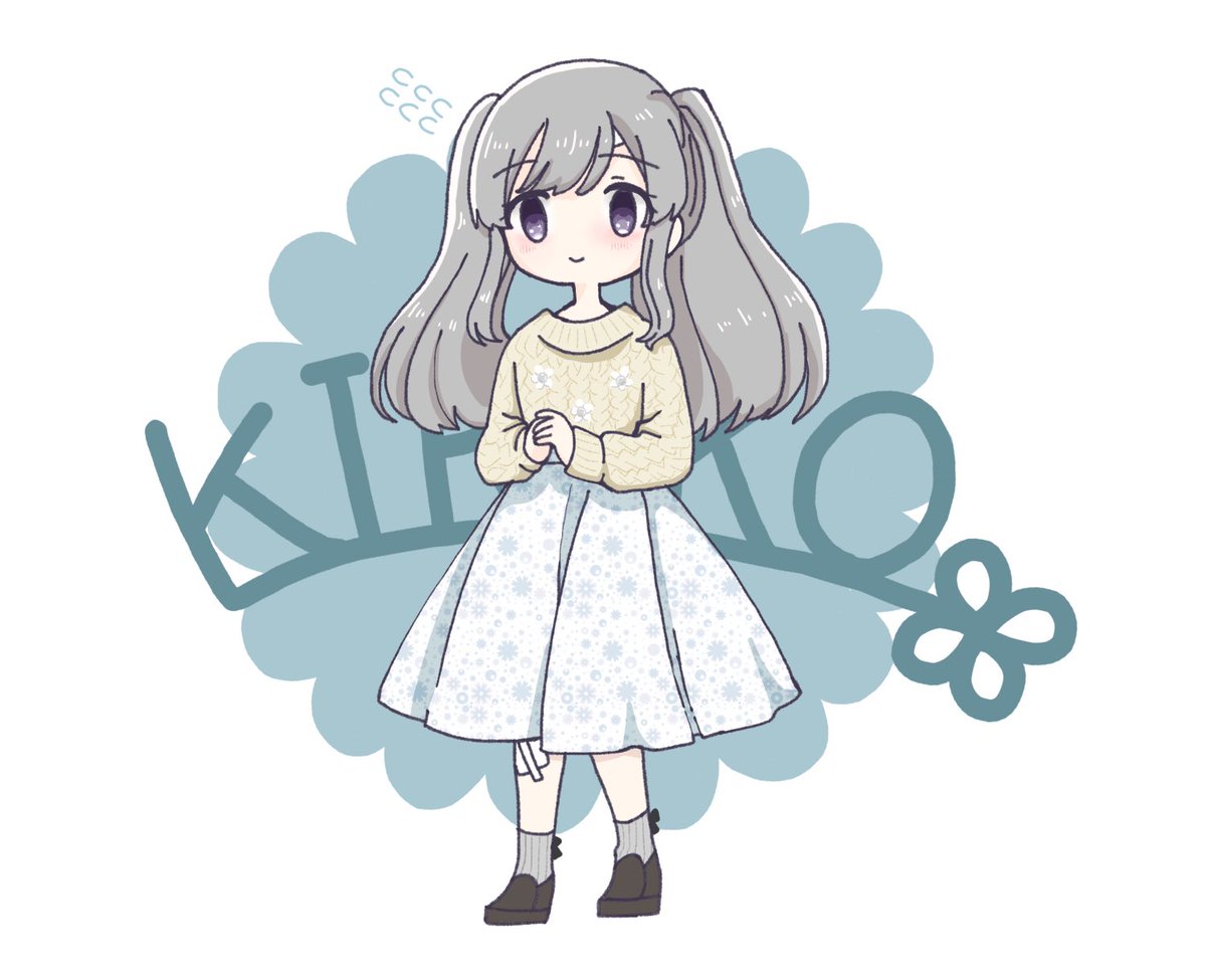 yukoku kiriko 1girl solo twintails floral print skirt grey hair own hands together  illustration images