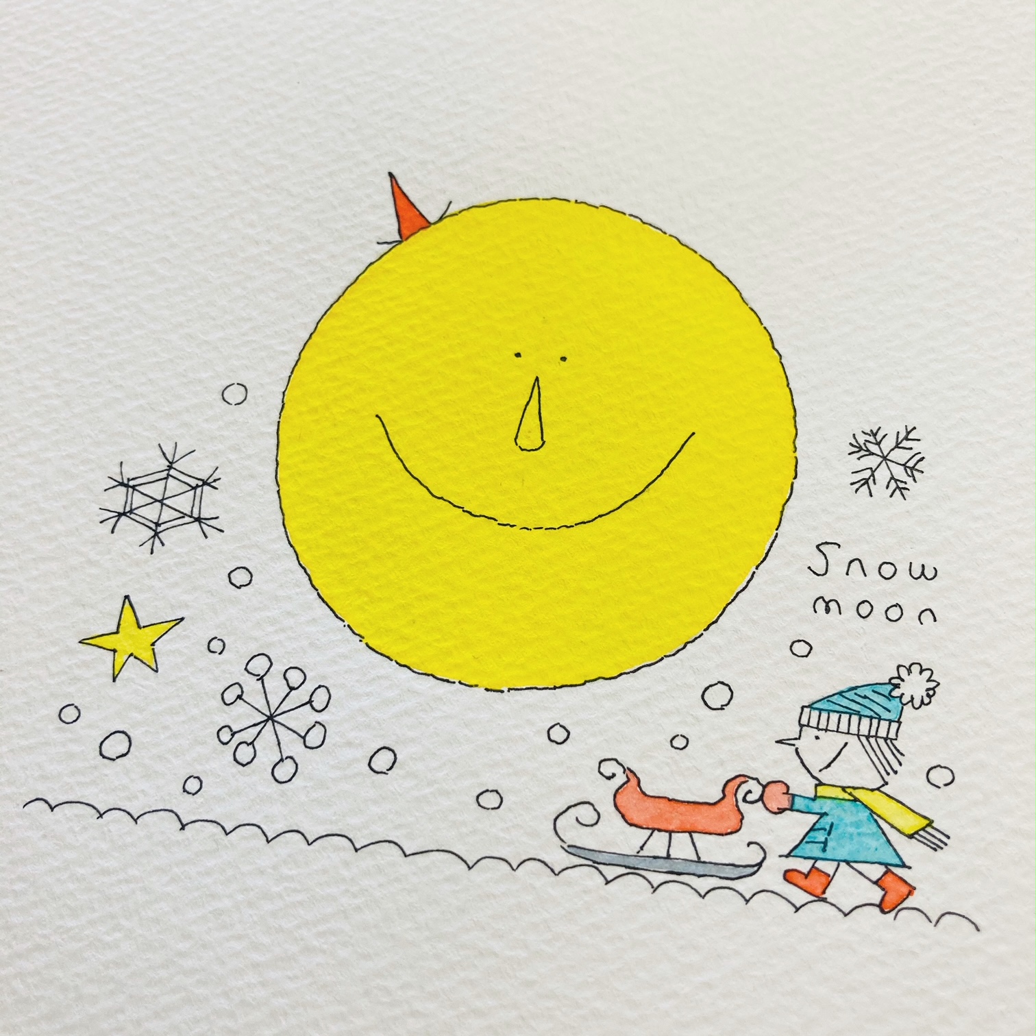 カワチ レン 今夜は満月 2月の満月はスノームーン きれいに見えるといいな 来週いよいよ 満月の原画の額装をお願いします 日めくりカレンダー ふわはね日めくりカレンダー ふわはねehon Fuwahane 絵本 スノームーン ニジノ絵本屋 イラスト