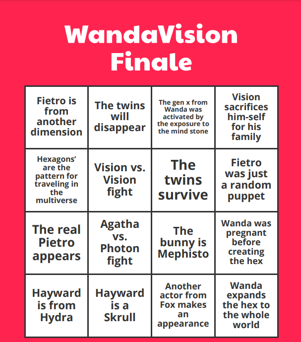 EvHaundend's tweet photo. I made bingo cards with all the theories I found about what will happen in the #WandaVision finale
Enjoy and play with friends I guess?
#Wanda #WandaMaximoff #vision #DarcyLewis #MonicaRambeau #AgentWoo #AgathaHarkness #Pietro #Fietro #BillyandTommy #WandaVisiontheories https://t.co/pO8JhSS6Sa