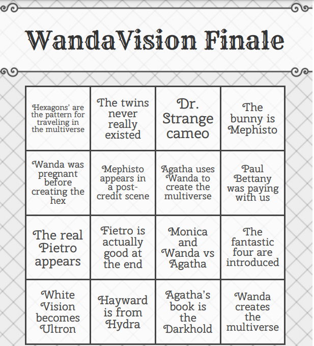 EvHaundend's tweet photo. I made bingo cards with all the theories I found about what will happen in the #WandaVision finale
Enjoy and play with friends I guess?
#Wanda #WandaMaximoff #vision #DarcyLewis #MonicaRambeau #AgentWoo #AgathaHarkness #Pietro #Fietro #BillyandTommy #WandaVisiontheories https://t.co/xRsHRKbZ1r