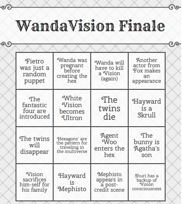 EvHaundend's tweet photo. I made bingo cards with all the theories I found about what will happen in the #WandaVision finale
Enjoy and play with friends I guess?
#Wanda #WandaMaximoff #vision #DarcyLewis #MonicaRambeau #AgentWoo #AgathaHarkness #Pietro #Fietro #BillyandTommy #WandaVisiontheories https://t.co/lIrWS1DDLW