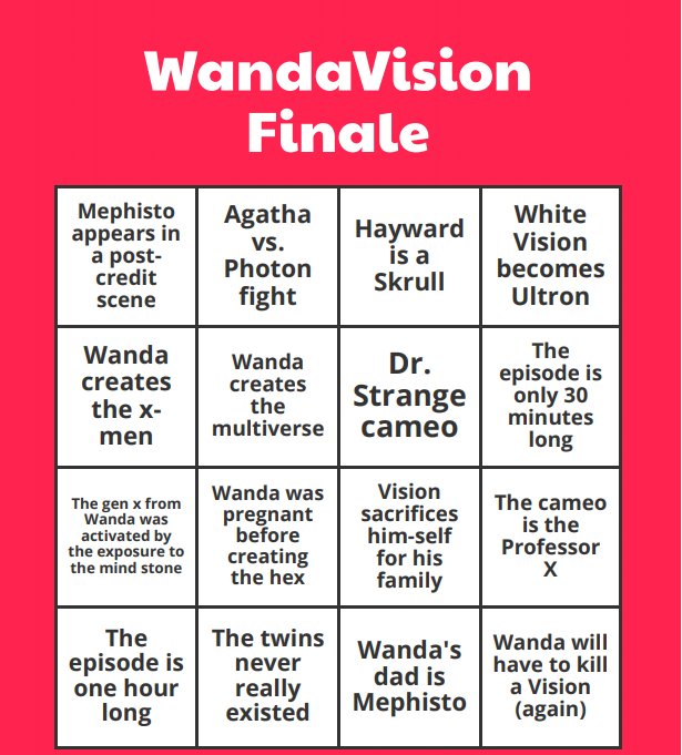 EvHaundend's tweet photo. I made bingo cards with all the theories I found about what will happen in the #WandaVision finale
Enjoy and play with friends I guess?
#Wanda #WandaMaximoff #vision #DarcyLewis #MonicaRambeau #AgentWoo #AgathaHarkness #Pietro #Fietro #BillyandTommy #WandaVisiontheories https://t.co/lIrWS1DDLW