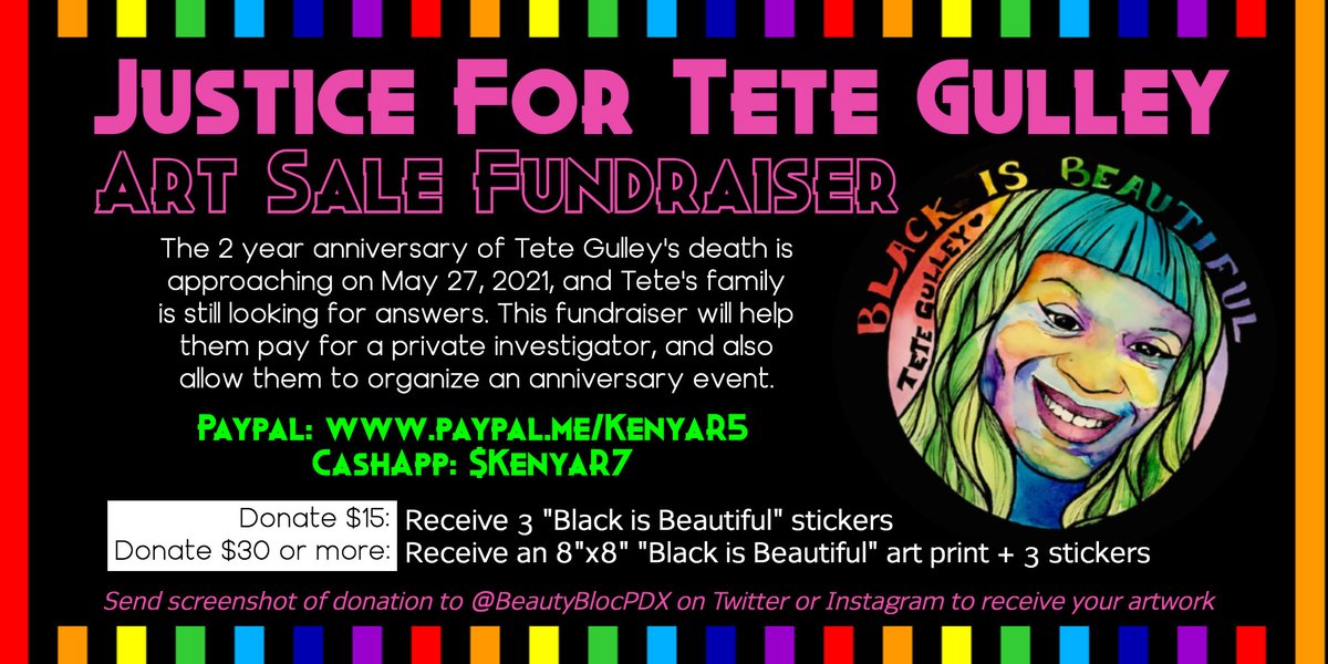 BeautyBlocPDX's tweet photo. Tete Gulley's family needs our support! Send a screen shot of your donation to @BeautyBlocPDX and we'll send you the artwork of Tete's beautiful face by @antif_anoush (prints are 8"x8" square and stickers are 3.5" circle) #JusticeforTete https://t.co/lDbH5ZOA04