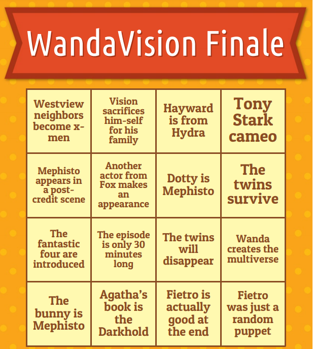 EvHaundend's tweet photo. I made bingo cards with all the theories I found about what will happen in the #WandaVision finale
Enjoy and play with friends I guess?
#Wanda #WandaMaximoff #vision #DarcyLewis #MonicaRambeau #AgentWoo #AgathaHarkness #Pietro #Fietro #BillyandTommy #WandaVisiontheories https://t.co/xRsHRKbZ1r