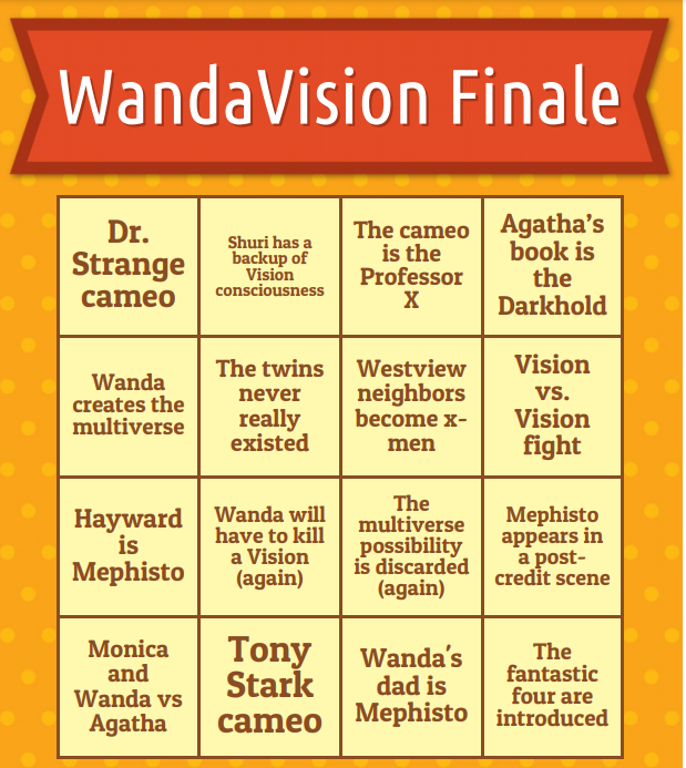 EvHaundend's tweet photo. I made bingo cards with all the theories I found about what will happen in the #WandaVision finale
Enjoy and play with friends I guess?
#Wanda #WandaMaximoff #vision #DarcyLewis #MonicaRambeau #AgentWoo #AgathaHarkness #Pietro #Fietro #BillyandTommy #WandaVisiontheories https://t.co/1zosD453VW