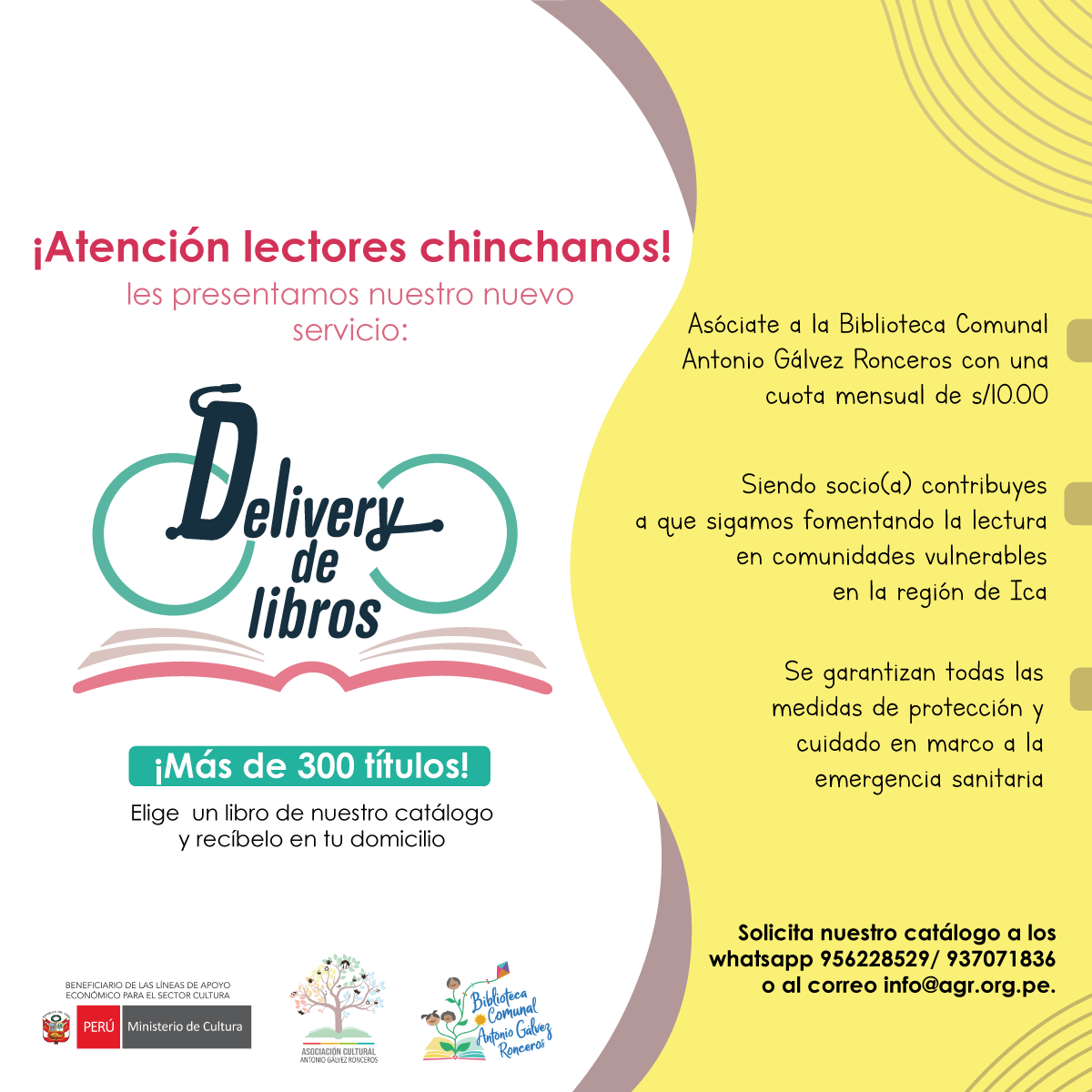 ChinchaCultura's tweet photo. #DeliveryLibros
#Chincha
¡ATENCIÓN LECTORES CHINCHANOS!
🙌 APERTURAMOS EL SERVICIO DE DELIVERY DE LIBROS 📨
La Asociación Cultural Antonio Gálvez Ronceros habilita el servicio de delivery, enfocados a extender el préstamo de libros en Chincha. https://t.co/2rUVkkaQkZ