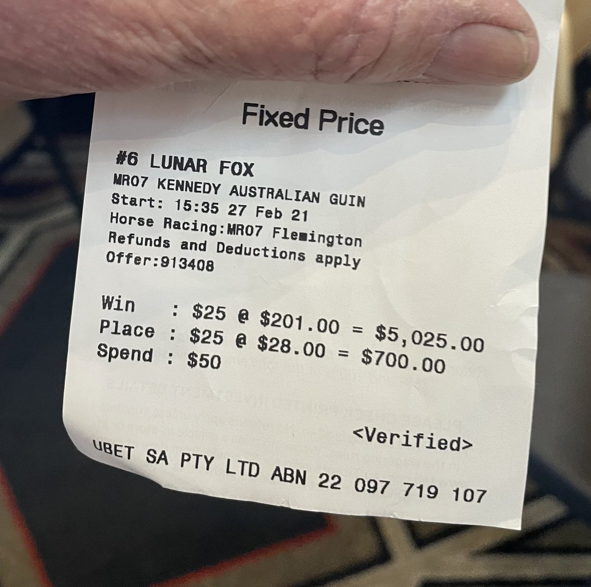 jasetaylorkemp's tweet image. The guy sitting next to me at the pub put money on the wrong horse. He kept the ticket. The horse was paying 200/1 in the Australian Guineas. 
It won. 
He hugged everyone in the pub. How good.