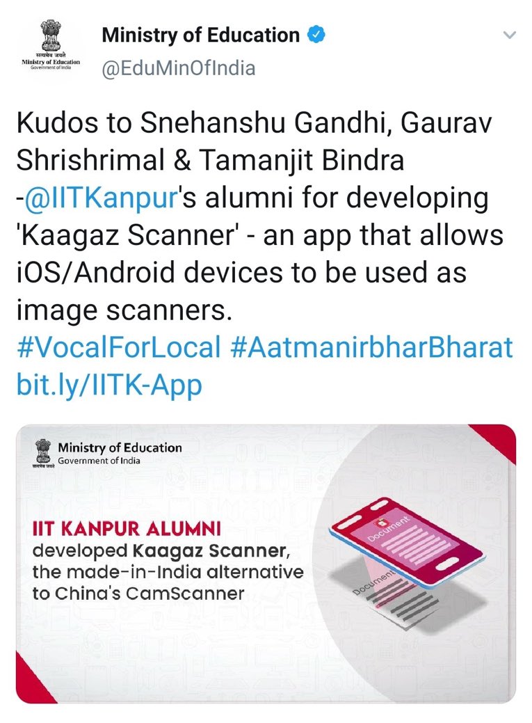 IIT Kanpur Alumni Shirish and Gaurav have developed an Indian alternative for Image and Doc scanner named Kaagaz Scanner. <a href="/KaagazS/">Kaagaz Apps</a>. The app is completely free to use with no ads, no Watermark and simple to use.
Congratulations to the Team.!
#VocalForLocal #AtmaNirbharBharat
