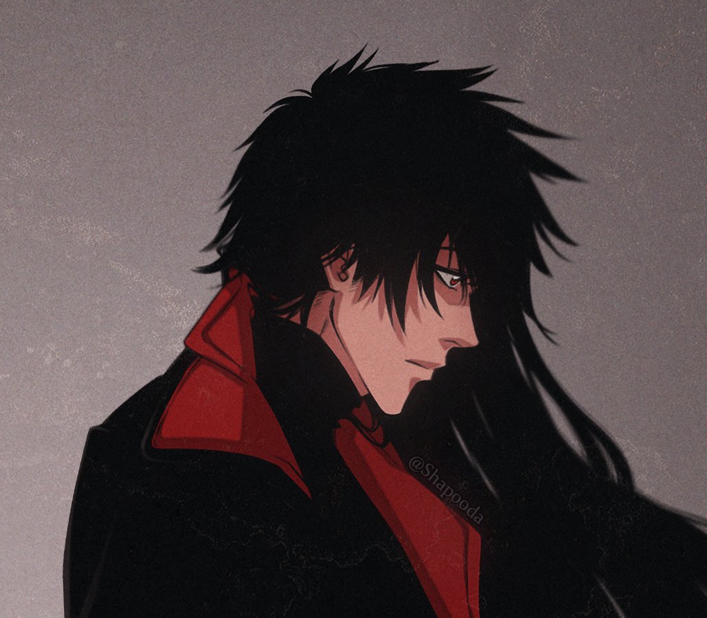 1boy male focus black hair long hair solo messy hair red eyes  illustration images