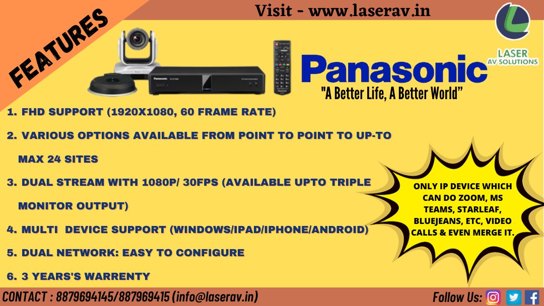 Now experience a better life with the help of #Panasonic Video Conferencing which is exclusively available at Laser AV Solutions
Contact Us:8879694145/8879694156
#videoconferencingsolutions #videogear #panasonicbusiness #videoconferencing #features #laserav