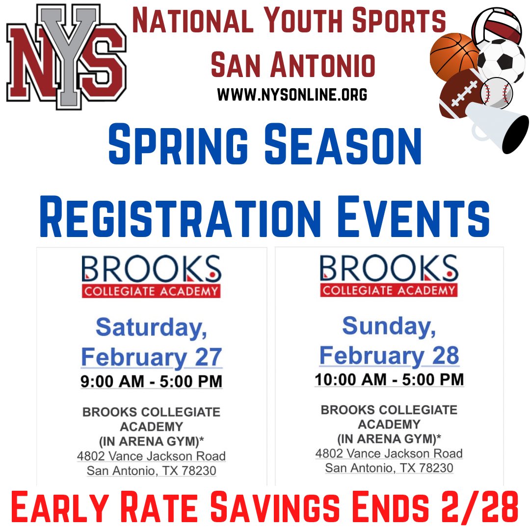 Can’t wait to see y’all this weekend! 

OR register online: nysonline.org/NYS-txsa.php

#SanAntonio #satx #sports #sakids #youthsports #baseball #basketball #volleyball #soccer #flagfootball #football #tball #play