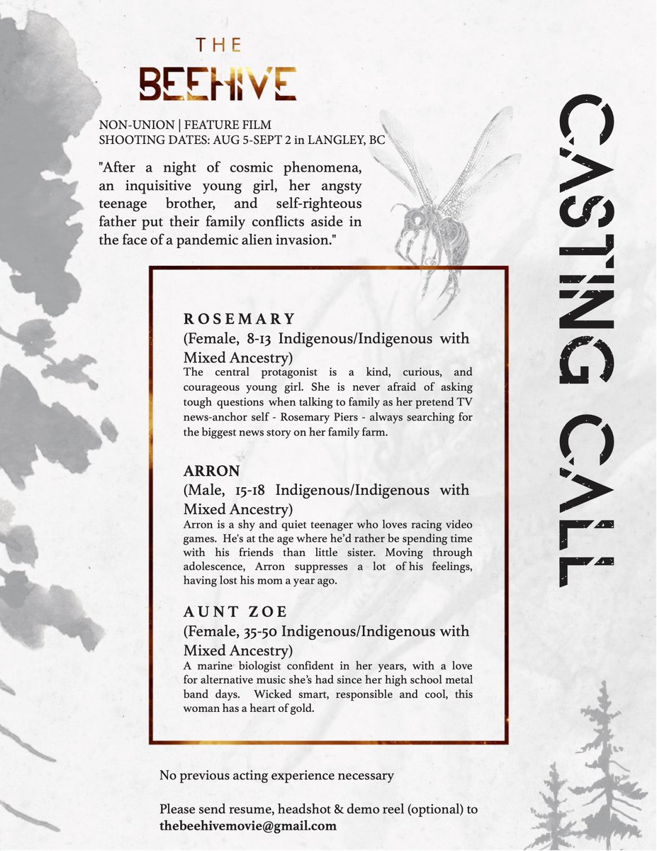 Casting Call = Sci-Fi Thriller Feature, filming in #Langley BC August 2021  thebeehivemovie@gmail.com  #BCFilm #indiefilm #castingcalls #Indigenous #scifi #filmmaking