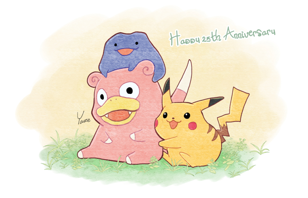 pikachu pokemon (creature) no humans open mouth grass smile sitting black eyes  illustration images