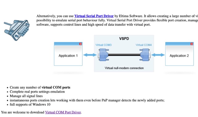 com0com Null-modem emulator: Software/Virtual Serial Port The Null-modem emulator is an open source kernel-mode virtual serial port driver for Windows, available freely under GPL license.Allows you to create an unlimited number of virtual COM port pairs… https://t.co/i27dzkqfJv https://t.co/Isw5wlJ4vS